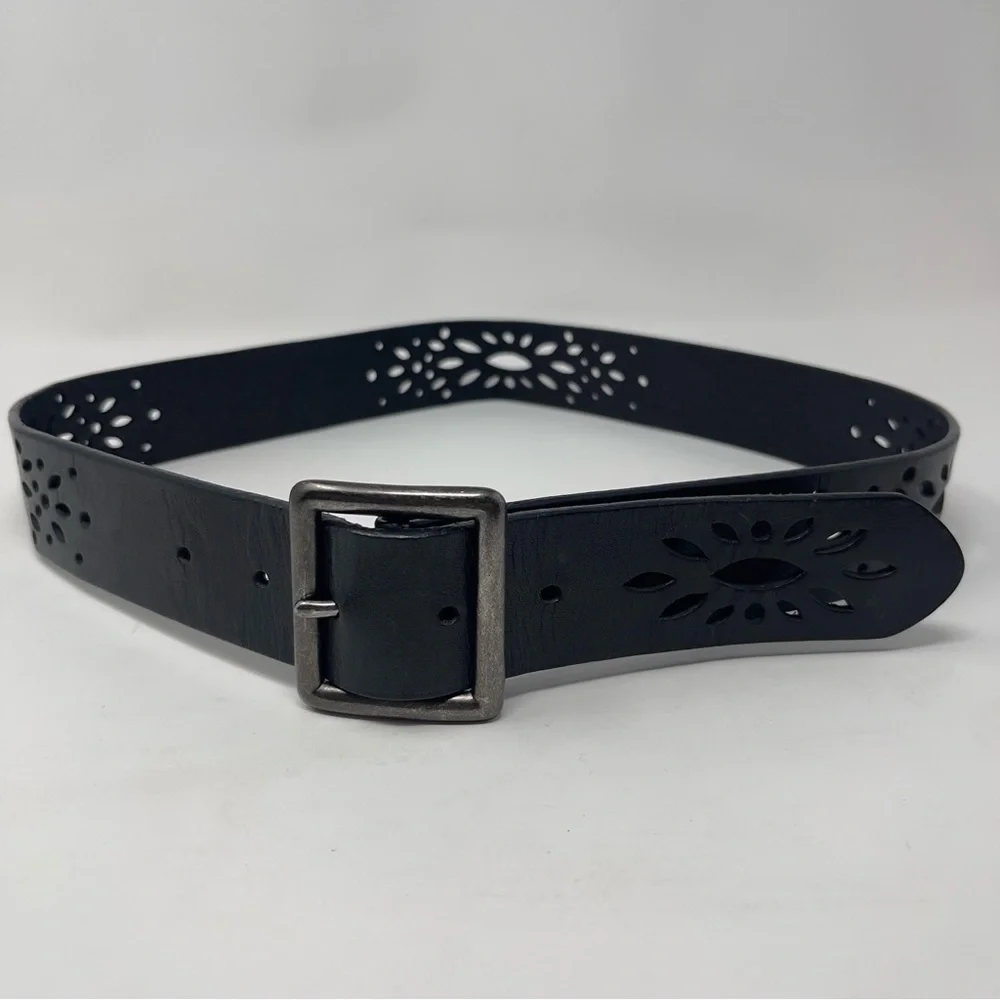 Express Black Cutout Leather‎ Belt | Western Boho Laser Cut | Silver Buckle